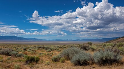 Obraz premium Nevada Great Basin Desert Landscape Features Distant Mountain Silhouettes and a Wide Open Blue Sky Filled With Clouds