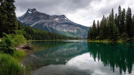 View of Emerald Lake in Banff National Park With Snow-Capped Peaks and Reflections From Pine Trees in the Water