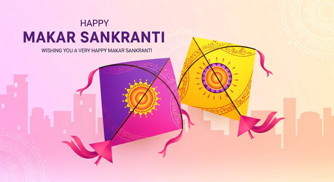 vector illustration of Happy Makar Sankranti background with colorful kites,sweets and hand lettring