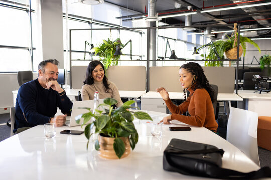 Diverse coworkers meeting around round table in workspace with laptop, smartphone and potted plant