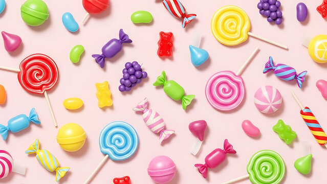 Vibrant flat lay pattern of mixed colorful sweets lollipops and gummy bears on a bright pink background. - Powered by Adobe