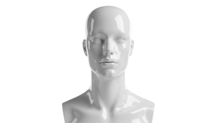 Glossy white mannequin head isolated PNG on transparent background, blank display bust for fashion design and retail