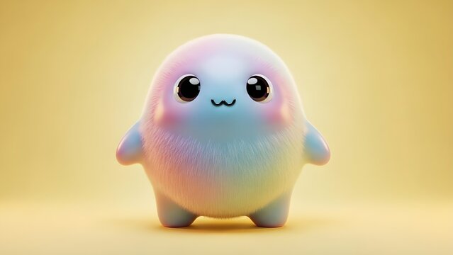 A soft and adorable 3D fluffy creature with a pastel rainbow fur texture, glossy expressive eyes, and a tiny smiling mouth. The character has a round, plush-like body and short limbs, giving it an irr