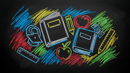 Vibrant chalk doodles of school supplies including books, apples, and pencil on a black chalkboard background
