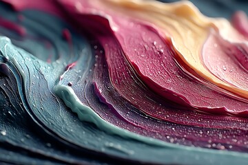Abstract texture with flowing layers of blue, burgundy, and beige in macro detail