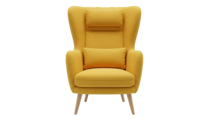 Stylish yellow wingback armchair isolated PNG, modern furniture with wooden legs for living room and home decor on transparent background