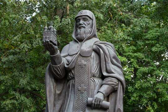 KIROV, RUSSIA - AUGUST 18, 2025: Monument to St. Tryphon of Vyatsky close-up. Kirov