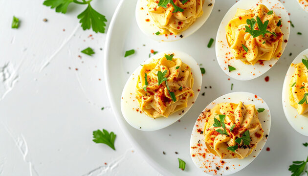 Classic deviled eggs on white table, top view, delicious food, tasty snack. Cooking and culinary