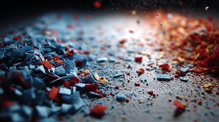 Abstract textured surface covered with blue, red, and gold flakes under dynamic lighting effects