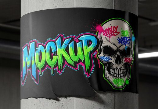 Large Poster Wrapped Around A Concrete Column Mockup