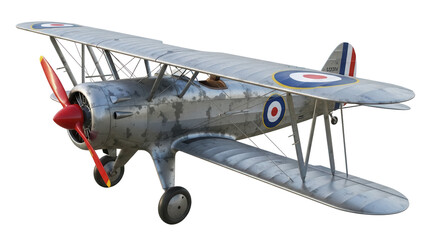 Vintage biplane PNG isolated on transparent background, silver aircraft with red propeller for aviation history and retro design