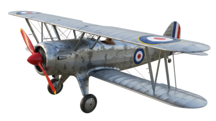 Vintage biplane PNG isolated on transparent background, silver aircraft with red propeller for aviation history and retro design