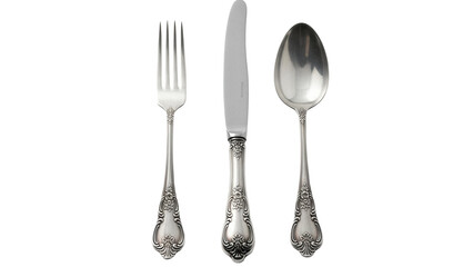 Elegant silver cutlery set isolated PNG, vintage fork knife and spoon on transparent background for restaurant and tableware design projects