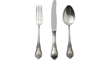 Elegant silver cutlery set isolated PNG, vintage fork knife and spoon on transparent background for restaurant and tableware design projects