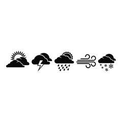 Various weather condition icons including sun, storm, rain, wind and snow