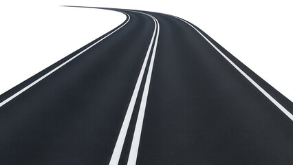 Curved asphalt road with double white lines isolated PNG, transportation infrastructure for travel and construction projects