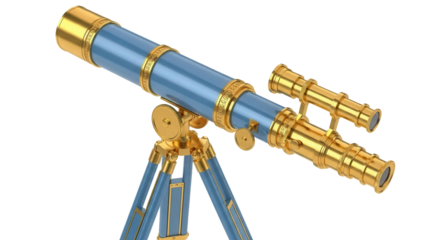 Blue and gold telescope PNG isolated on transparent background, vintage astronomical instrument for science and exploration