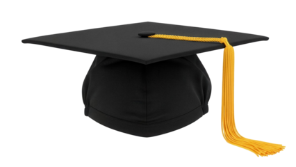 Black graduation cap PNG isolated on transparent background, academic mortarboard with gold tassel for commencement ceremony