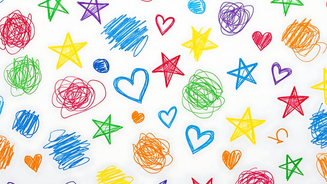 Vibrant Hand-Drawn Seamless Pattern of Childish Scribbles Stars and Hearts on Clean White Surface - Powered by Adobe