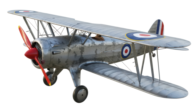 Vintage biplane PNG isolated on transparent background, silver aircraft with red propeller for aviation history and retro design