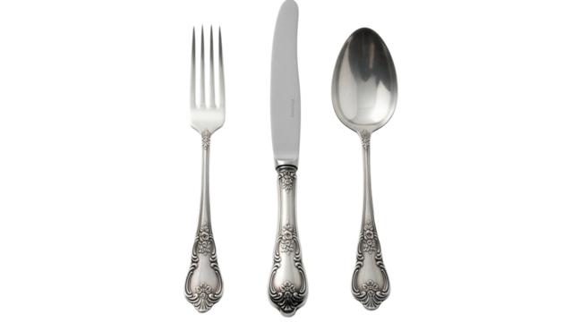 Elegant silver cutlery set isolated PNG, vintage fork knife and spoon on transparent background for restaurant and tableware design projects