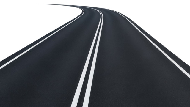 Curved asphalt road with double white lines isolated PNG, transportation infrastructure for travel and construction projects