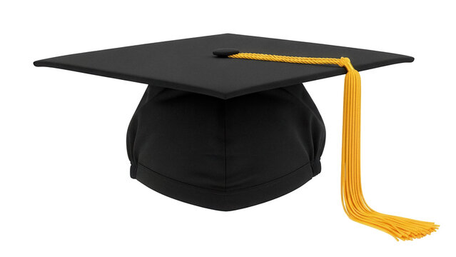 Black graduation cap PNG isolated on transparent background, academic mortarboard with gold tassel for commencement ceremony