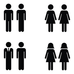Four icons representing same-sex couples, two male and two female pairs, one male pair in suits