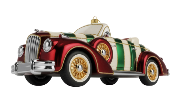 Vintage red and cream car ornament PNG isolated on transparent background, classic automobile decoration for Christmas tree