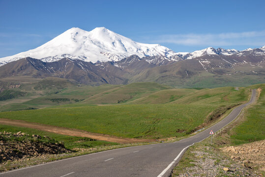 Scenic mountain road overlooking Elbrus. Republic of Kabardino-Balkaria, Russia