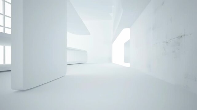 Slow dolly movement through a vast pure white architectural space highlighting the minimalist aesthetic of emptiness and clean design future, bright light, smooth