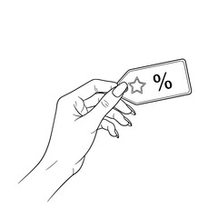 Icon of a beautiful female hand holding a discount tag, representing concepts of shopping and sales