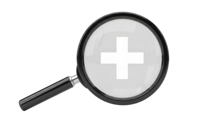 Magnifying glass with plus sign PNG isolated on transparent background, symbol of medical assistance and healthcare search