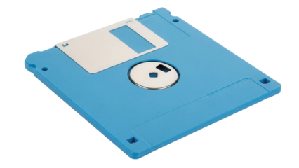 Blue 3 5 inch floppy disk isolated PNG on transparent background, vintage data storage for retro computing and archiving