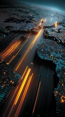 Abstract World Map Grid with Flowing Orange Lines and Glowing Dots, Technological Visualization