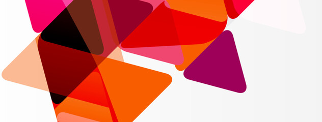 Abstract geometric shapes overlap, creating vibrant color patterns. Red, orange, pink hues dominate composition. Minimalist design.