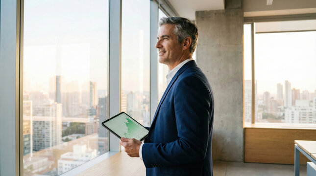 Successful mature businessman holding digital tablet with financial growth chart, looking out of office window. CEO with vision, leadership and investment concept - Powered by Adobe