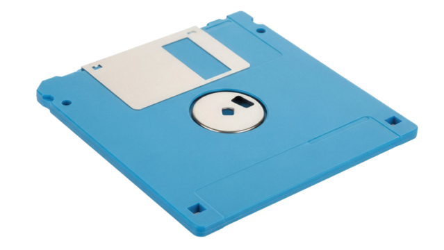 Blue 3 5 inch floppy disk isolated PNG on transparent background, vintage data storage for retro computing and archiving