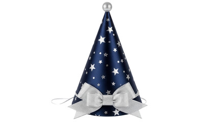 Festive navy blue party hat with silver stars and bow isolated PNG, celebration headwear for...