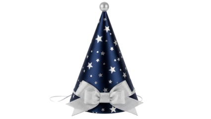 Festive navy blue party hat with silver stars and bow isolated PNG, celebration headwear for birthday or New Year s Eve on transparent background