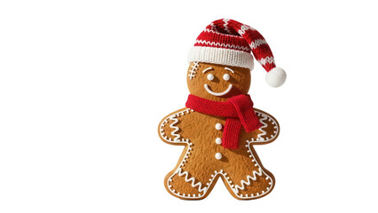 Gingerbread man cookie isolated PNG with Santa hat and scarf, festive holiday treat for Christmas and New Year s celebrations on transparent background