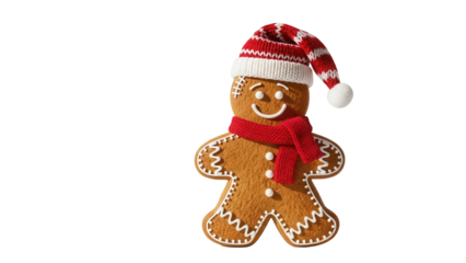 Gingerbread man cookie isolated PNG with Santa hat and scarf, festive holiday treat for Christmas and New Year s celebrations on transparent background
