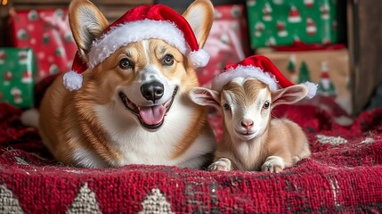 Cheerful Corgi and baby goat in Santa hats bring festive vibes