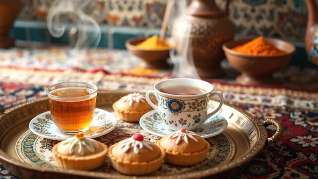Steaming Tea and Sweet Pastries on a Golden Tray Amidst Rich Oriental Patterns and Colorful Spices