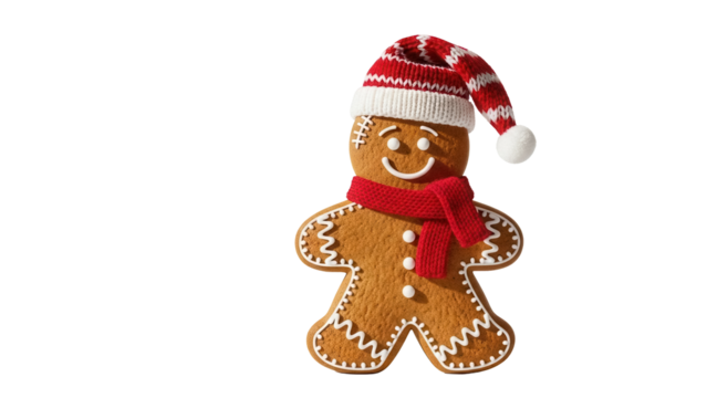 Gingerbread man cookie isolated PNG with Santa hat and scarf, festive holiday treat for Christmas and New Year s celebrations on transparent background