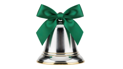 Silver Christmas bell with green bow isolated PNG, festive holiday decoration on transparent background for graphic design and greeting cards