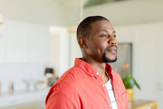 African American man standing in kitchen wearing red shirt and striped tee beside plant, copy space