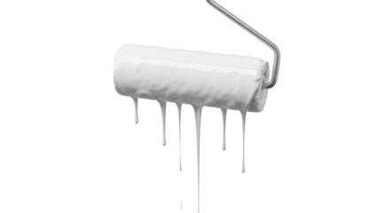 Paint roller with dripping white paint isolated PNG, painting tool for home improvement and renovation projects on transparent background