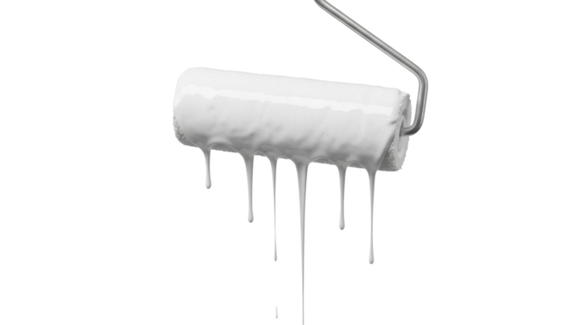 Paint roller with dripping white paint isolated PNG, painting tool for home improvement and renovation projects on transparent background