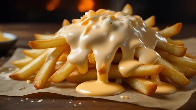 Golden crispy french fries generously smothered in a rich, creamy melted cheese sauce, a classic and indulgent comfort food snack